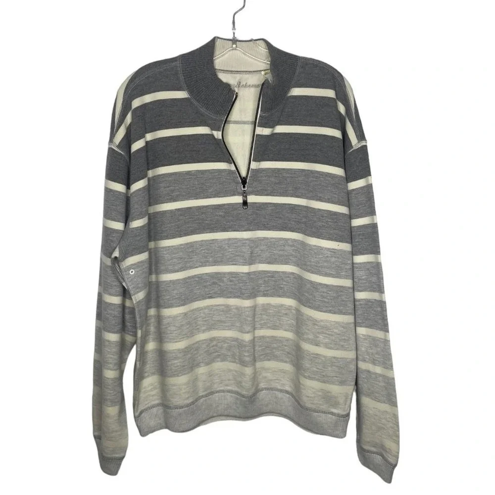 Tommy Bahama Mens Large Grey Striped Quarter Zip Pullover Sweater Cotton Blend